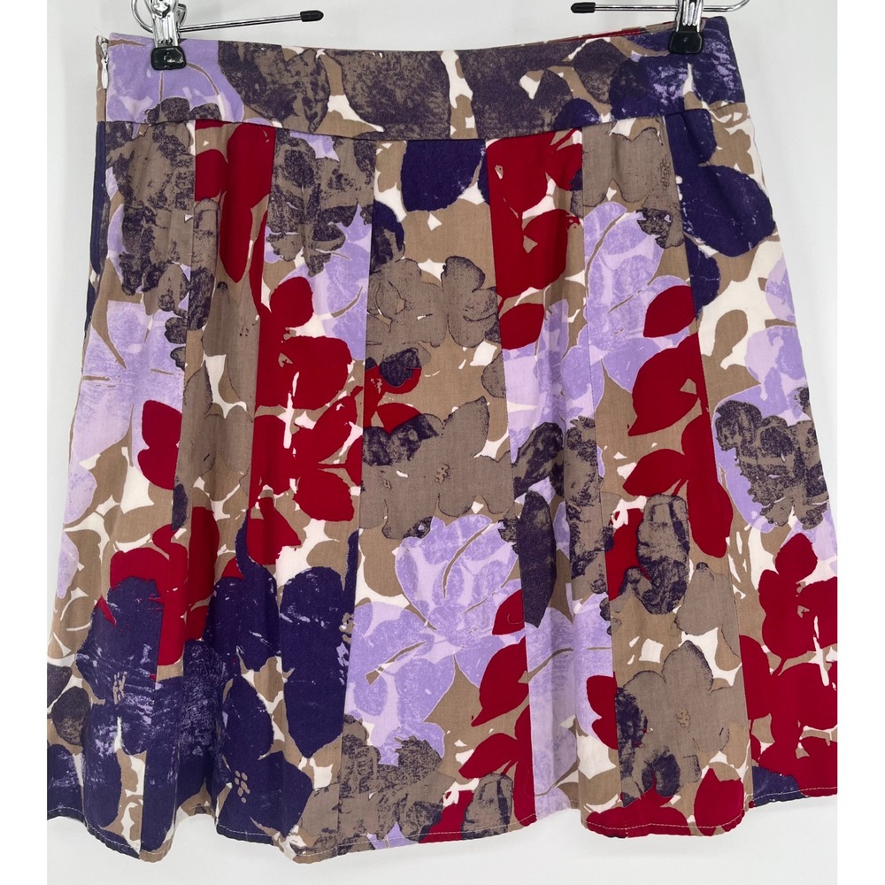 ANN TAYLOR Floral Pleated Skirt Women 8 Purple Red Cotton Knee Length Garden